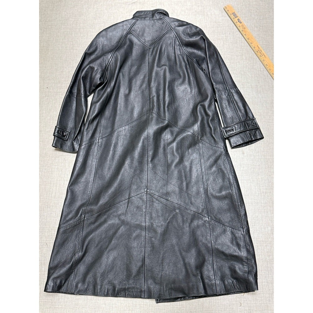 Vintage Black Leather Trench Coat Women Size L Good Longline Matrix Goth - Picture 4 of 10